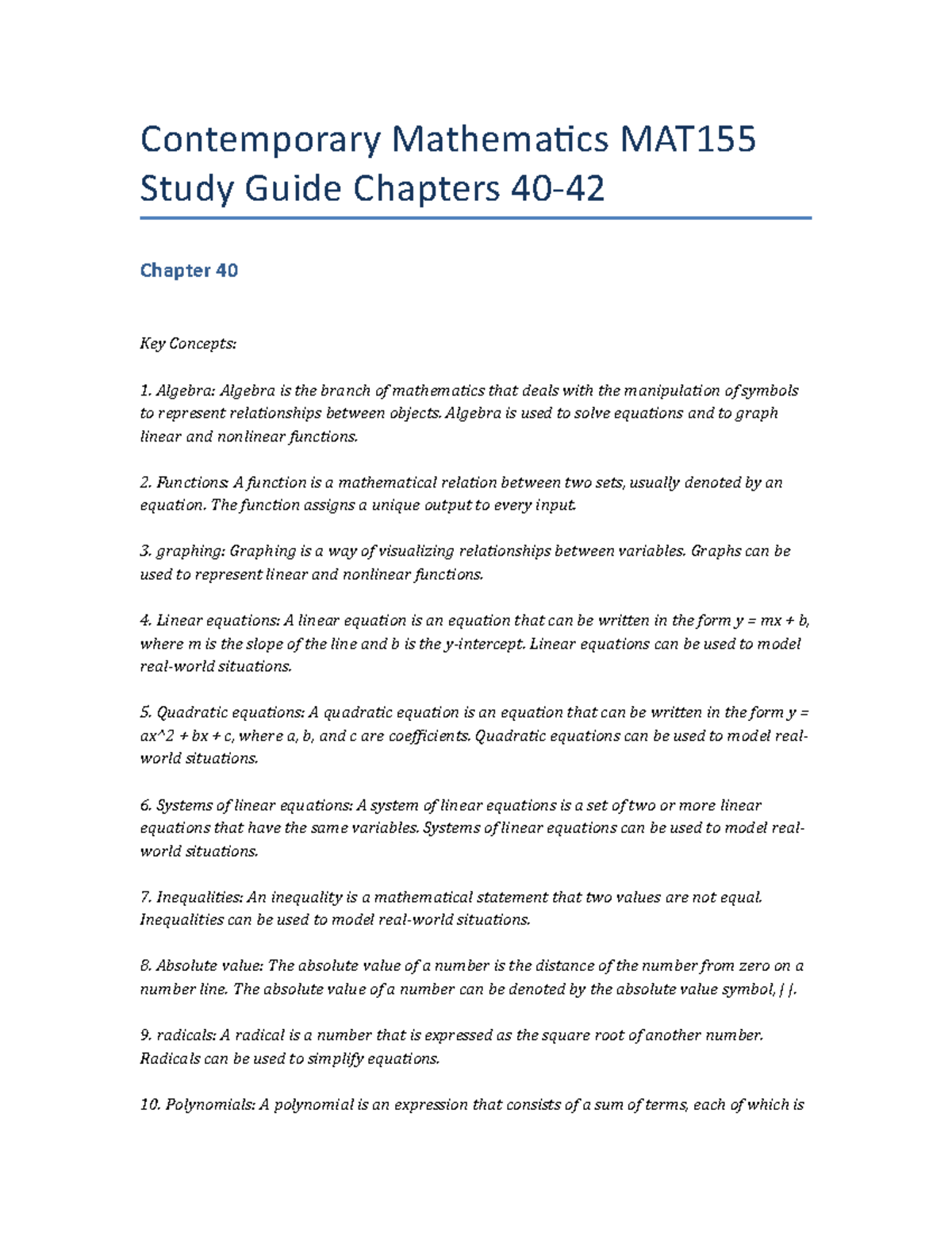 Contemporary Mathematics MAT155 Study Guide Chapters 40-42 ...