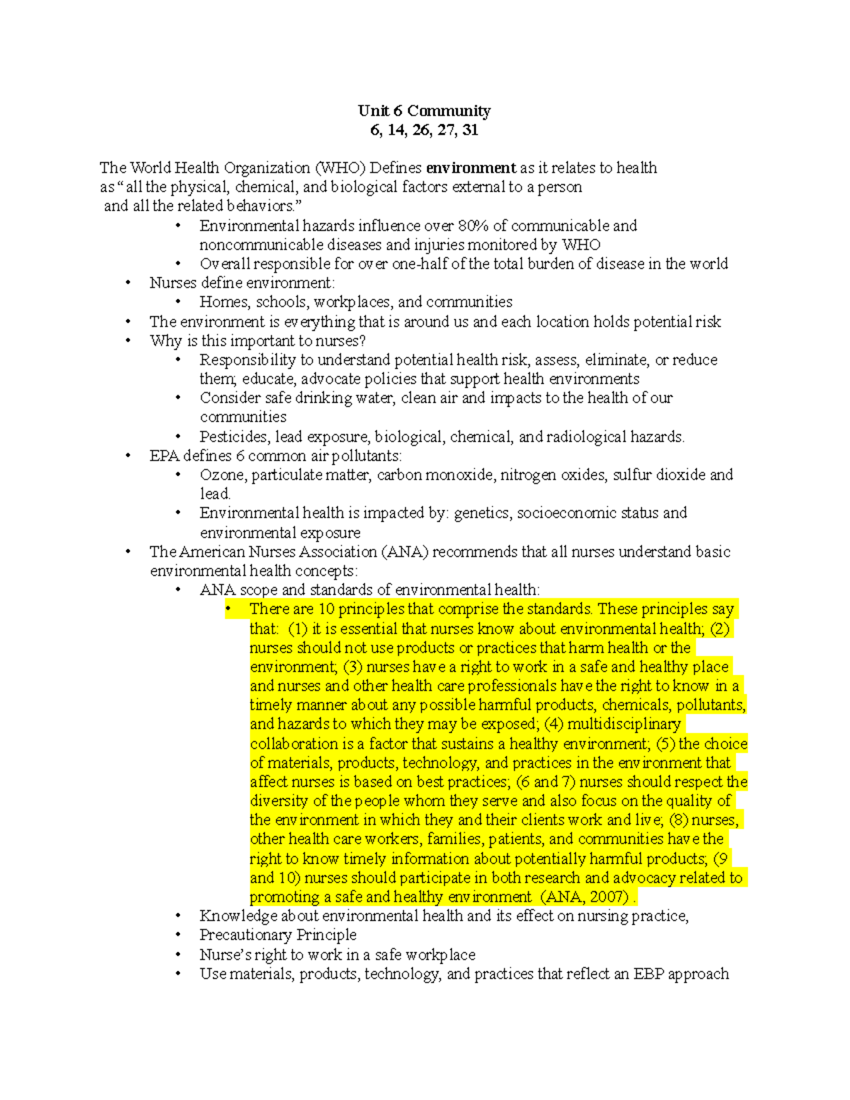 Community test 3 Lecture notes Unit 6 Unit 6 Community 6, 14, 26, 27, 31 The World Health