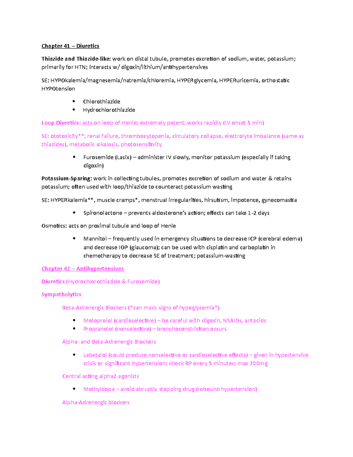 MH Final study sheet - Chapter 41 – Diuretics Thiazide and Thiazide ...