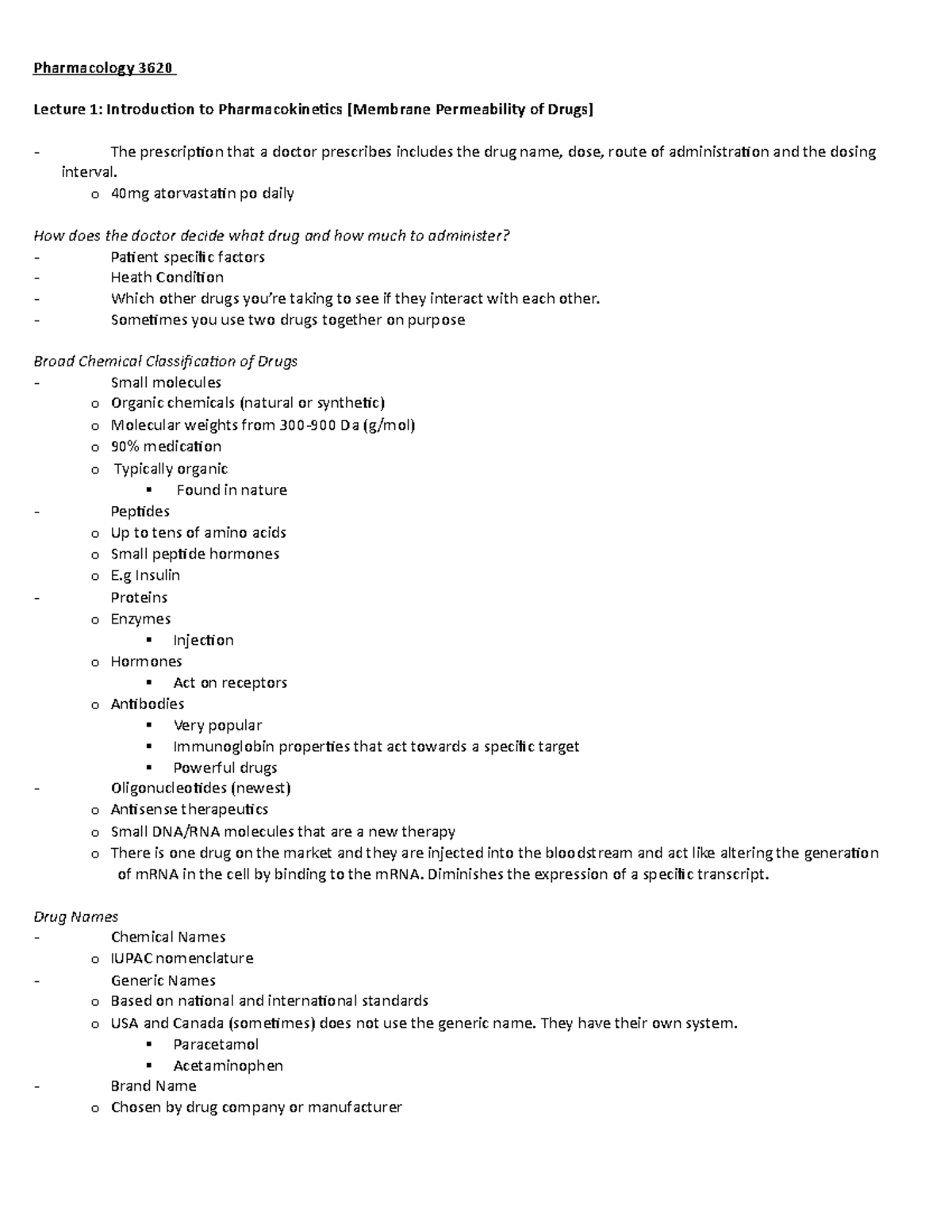 Pharmacology 3620 Notes Midterm One - Pharmacology 3620 Lecture 1 ...
