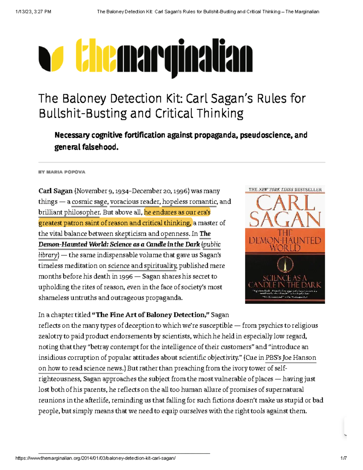 Critical Thinking Reading 2 The Baloney Detection Kit Carl Sagan’s Rules for BullshitBusting