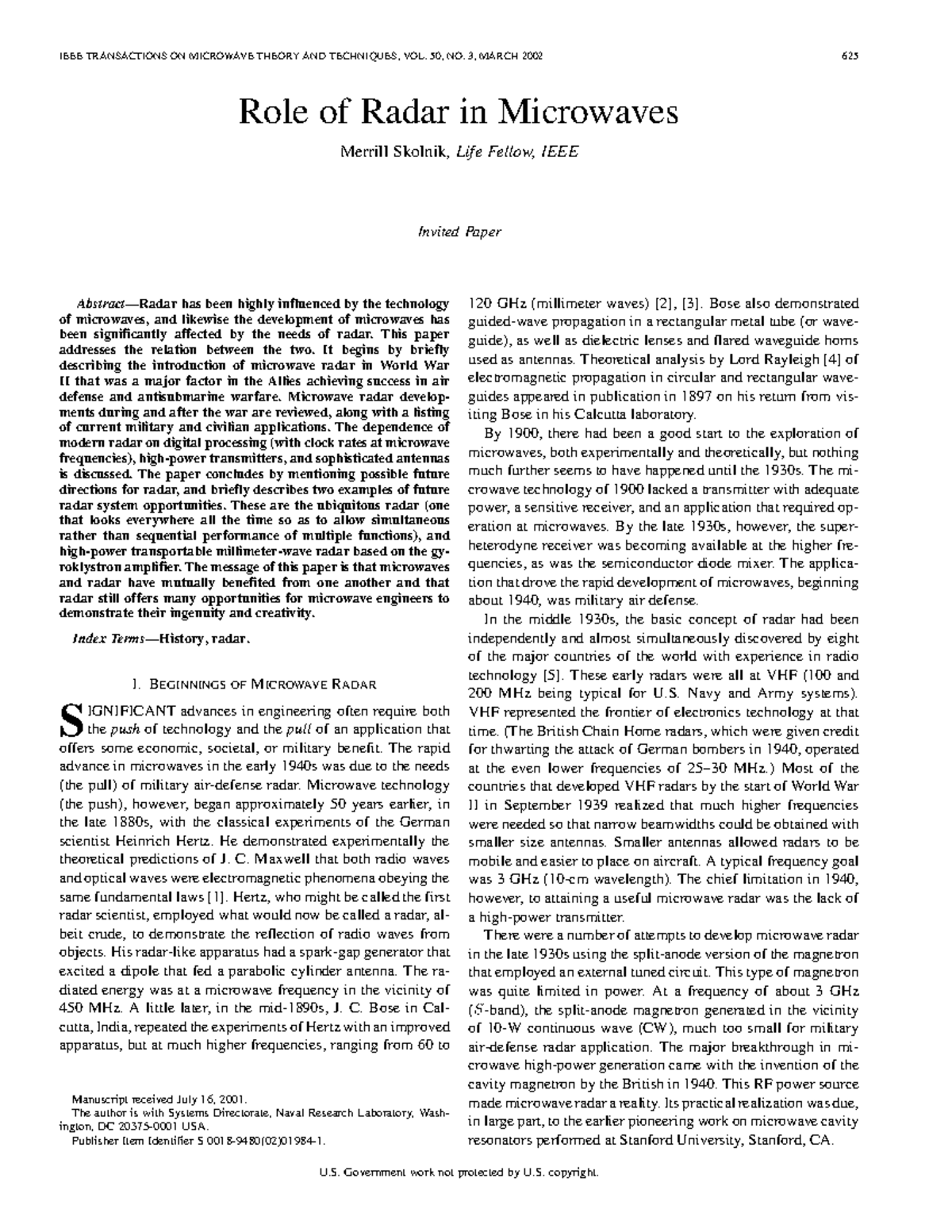 Datasheetsssssss Role of Radar in Microwaves Merrill Skolnik, Life