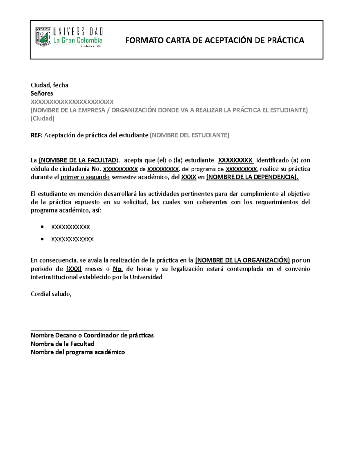 Formato Carta Aceptacion Practica Formato Carta De Aceptaci N De