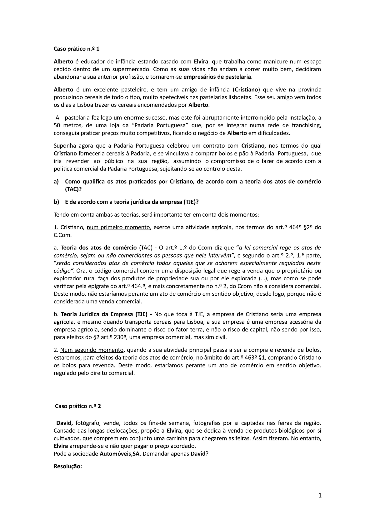 casos práticos direito comercial 1º semestre caso prático n º 1