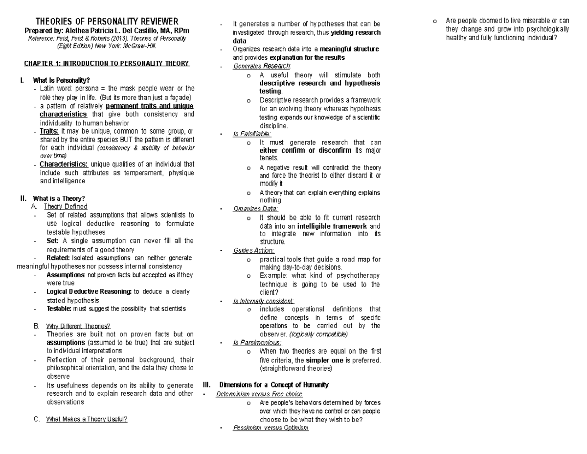 Theories Of Personality Reviewer For Board Exam THEORIES OF