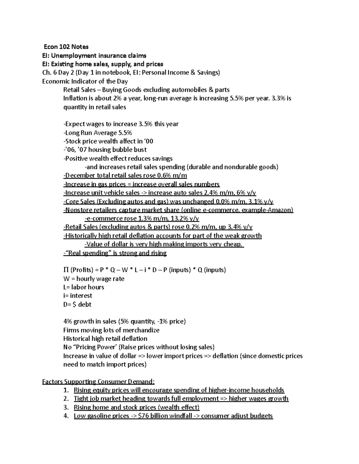 Econ 102 Notes - Steve Rick - Econ 102 Notes EI: Unemployment insurance ...