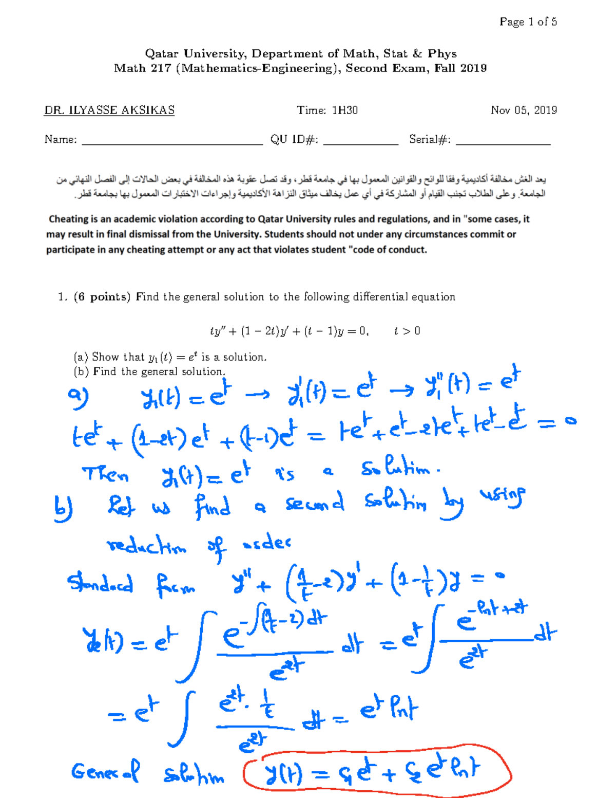 M217T2Fall2019 V1 - Math For Engineering [ 217 ] First, Second ,and ...