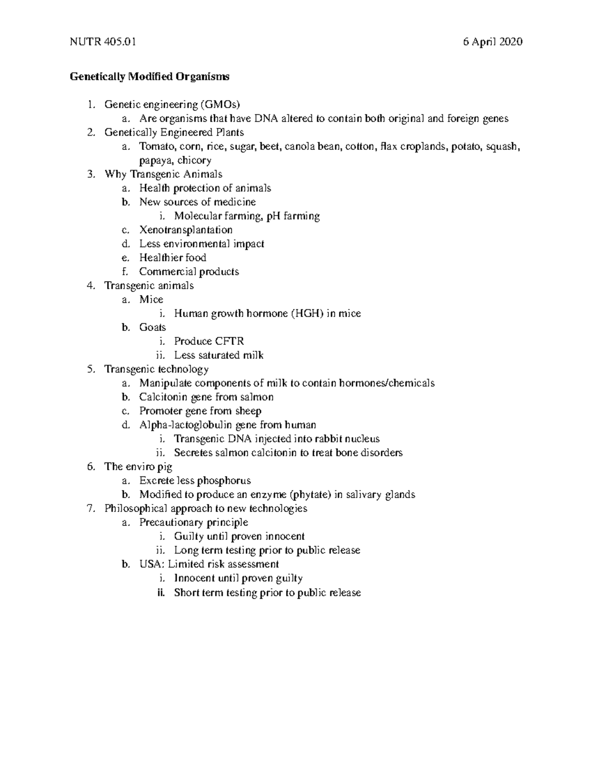 Genetically Modified Organisms - NUTR 405 6 April 2020 Genetically ...