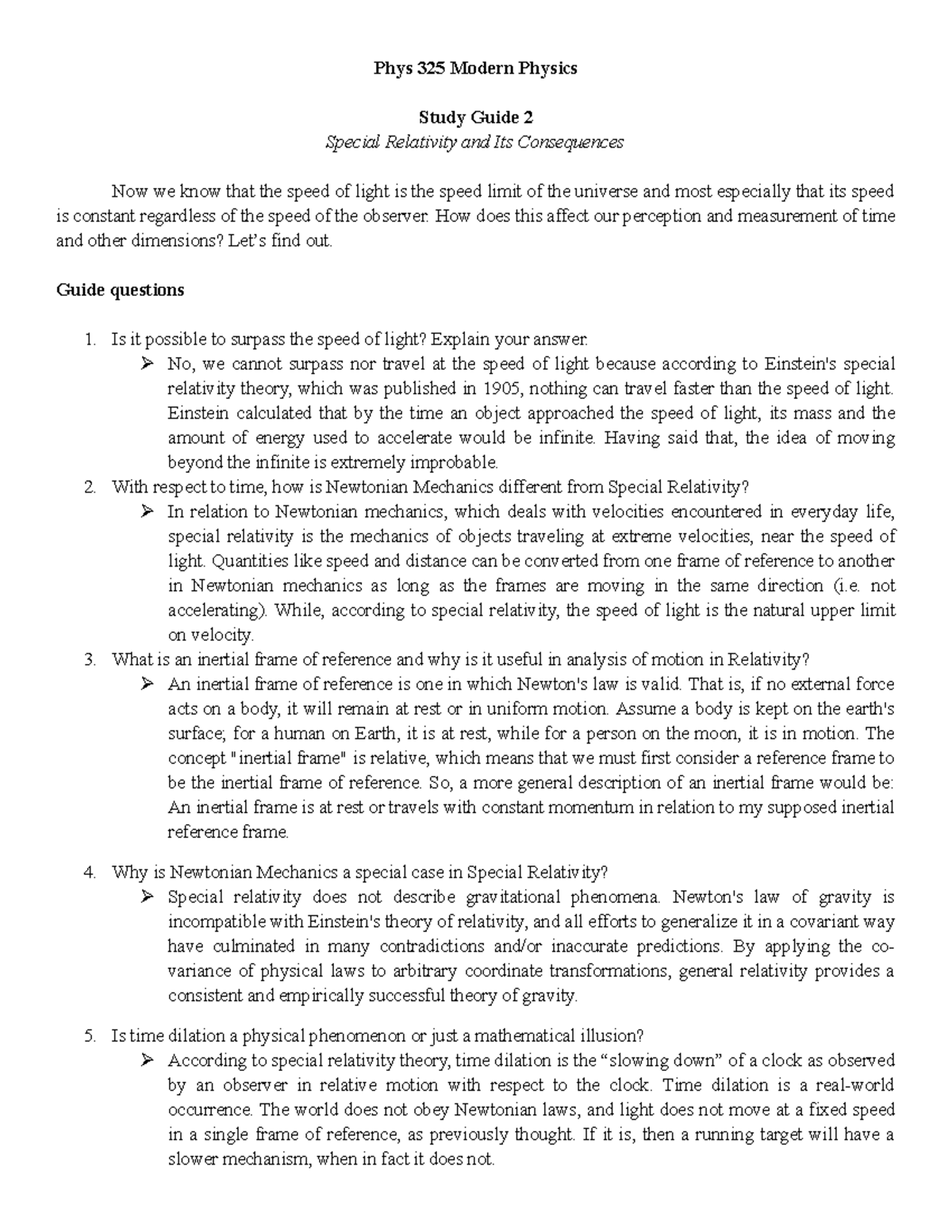 study guide on relativity - Phys 325 Modern Physics Study Guide 2 ...
