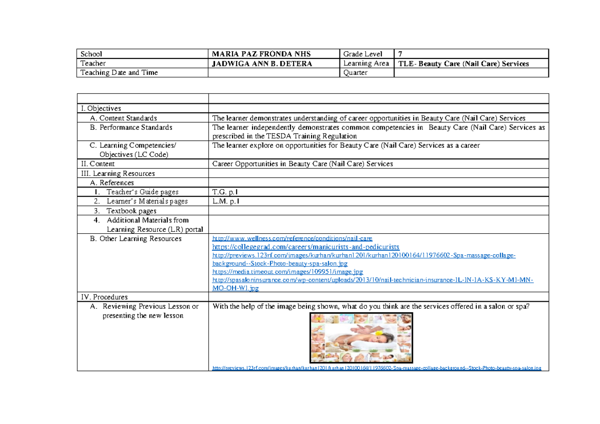 DLL NAIL CARE Career Opportunities I. Objectives A. Content