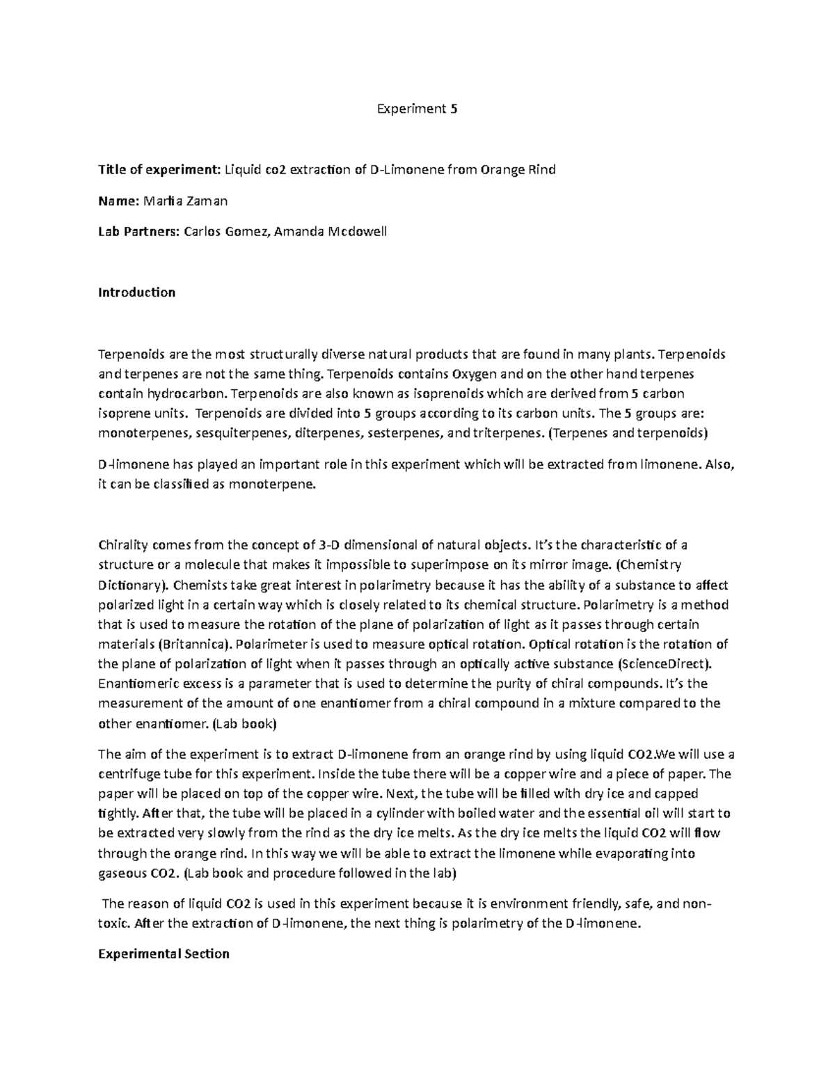 Post Lab 4 Liquid co2 extraction of DLimonene from Orange Rind