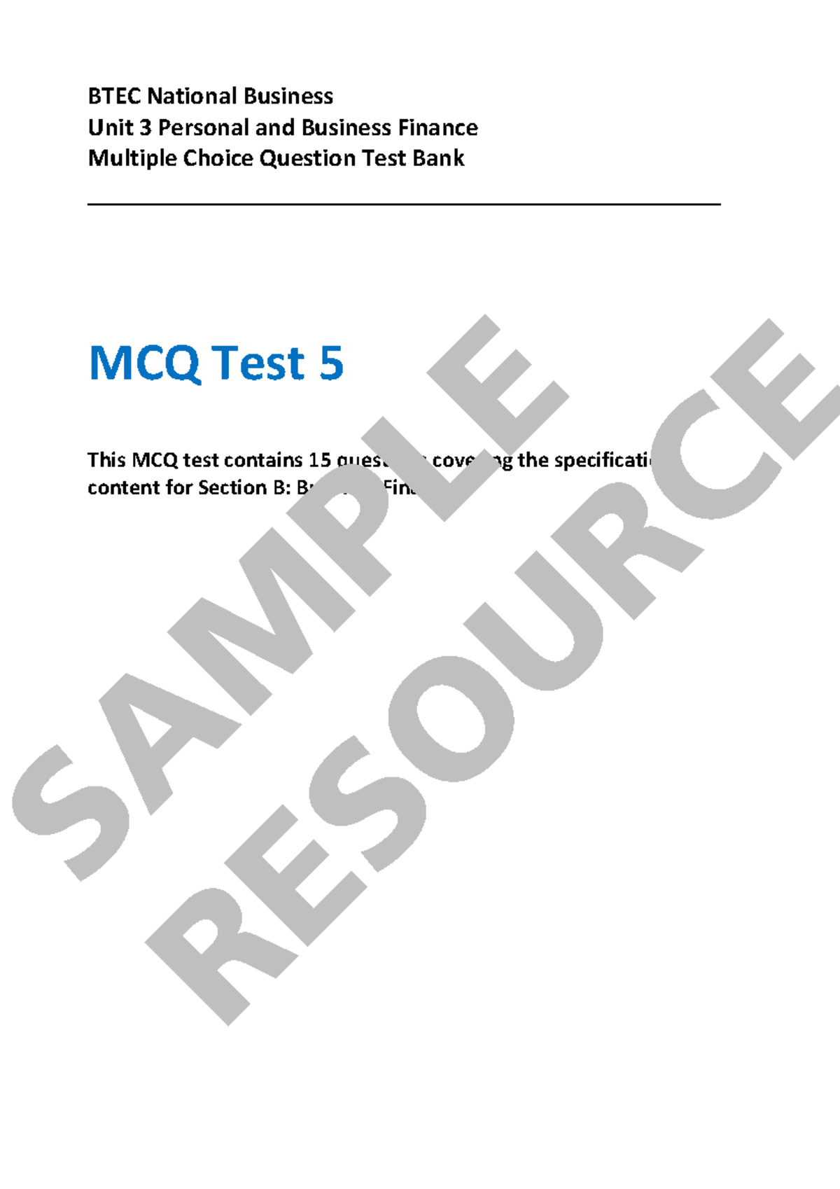 BTEC National Business Unit 3 MCQ Revision Pack Vol 1 Sample - BTEC ...