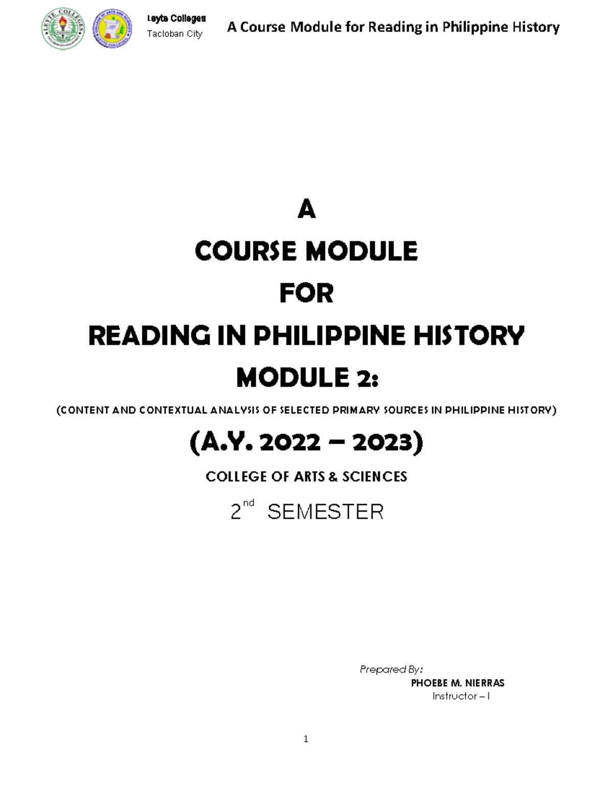 A Course Module For Reading In Philippine History Module 2 - Tacloban ...