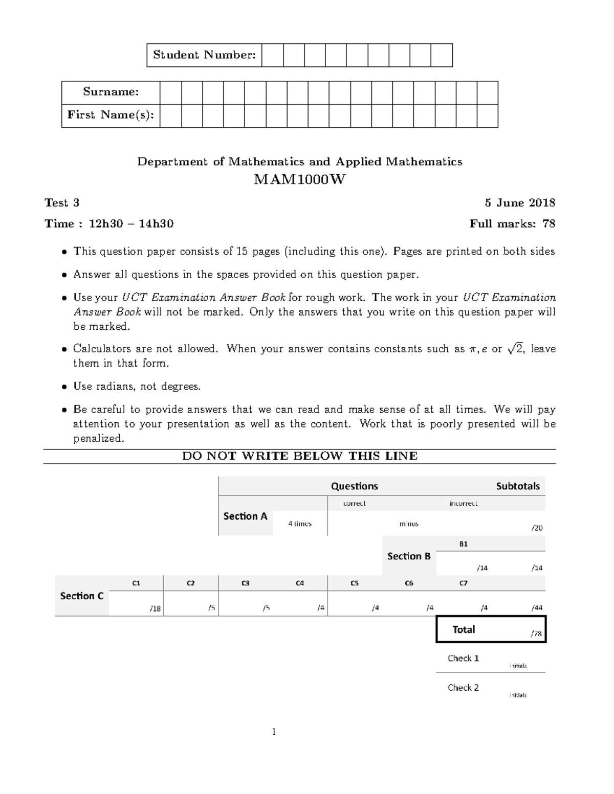 Test 3 2018 questions for MAM1000W course - Surname: First Name(s ...