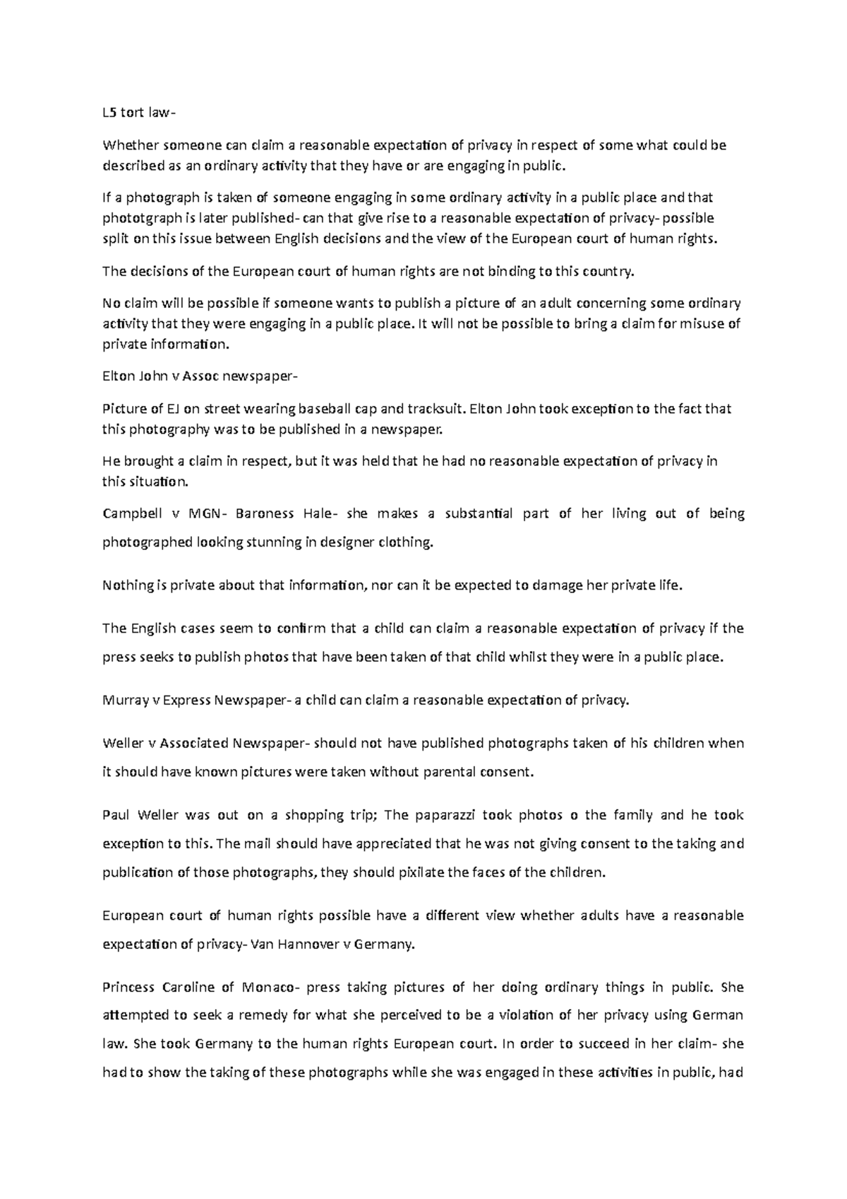 Tort lesson 5 Whether someone can claim a reasonable expectation of