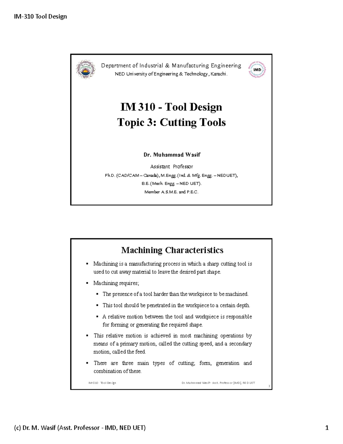 TDlecture 3Cutting tools Department of Industrial & Manufacturing Engineering NED University