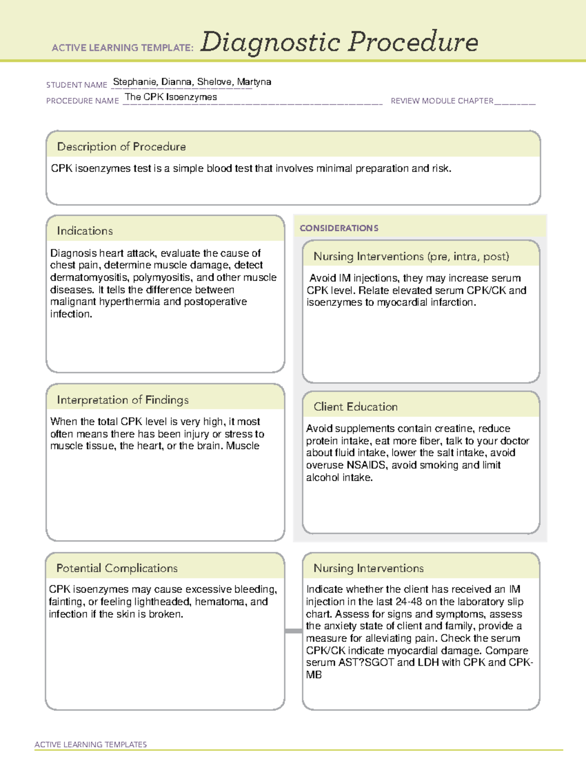 CPK - labs - ACTIVE LEARNING TEMPLATES Diagnostic Procedure STUDENT ...