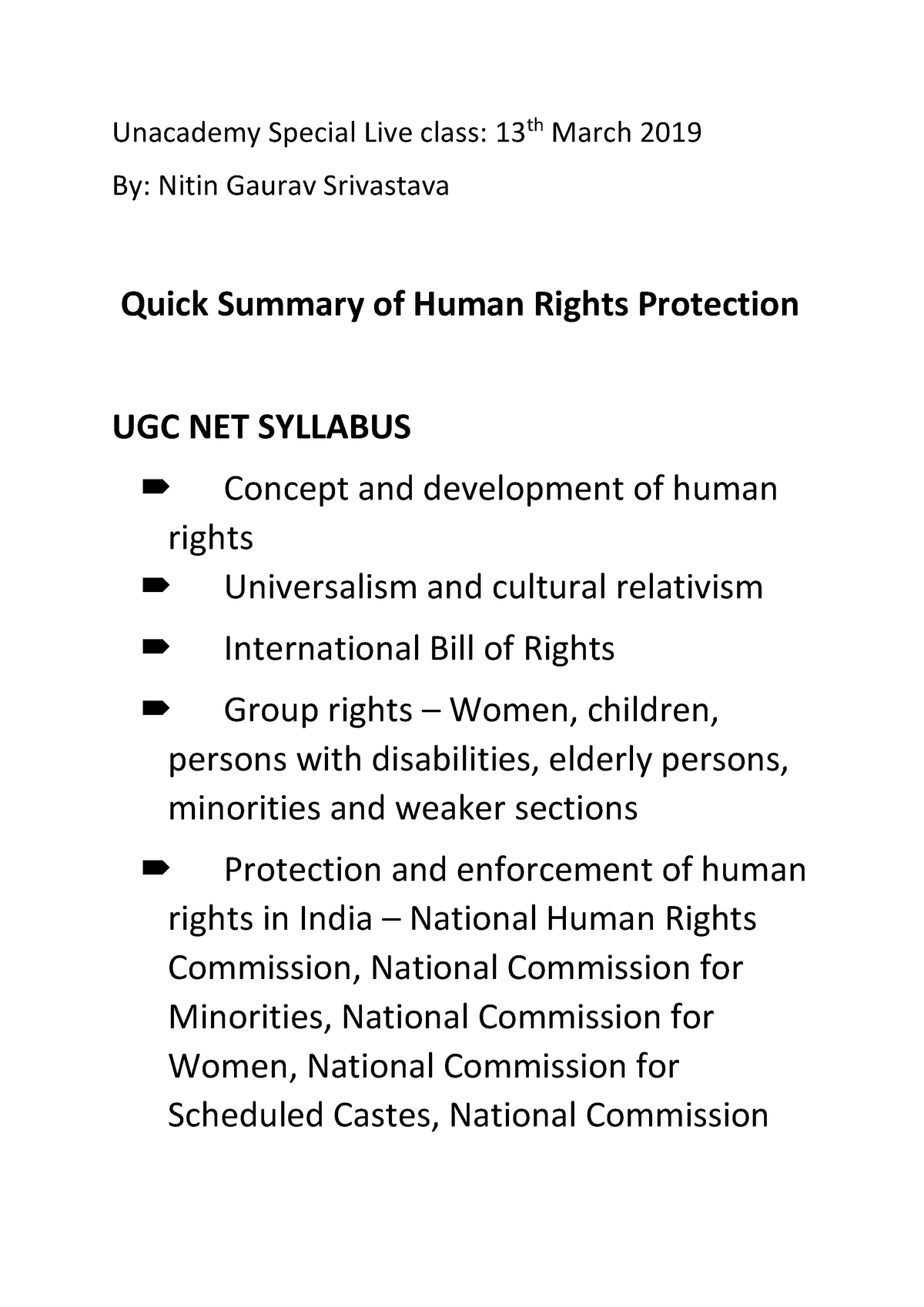 Human Rights Special Class Unacademy Special Live Class 13th March 2019 Nitin Gaurav
