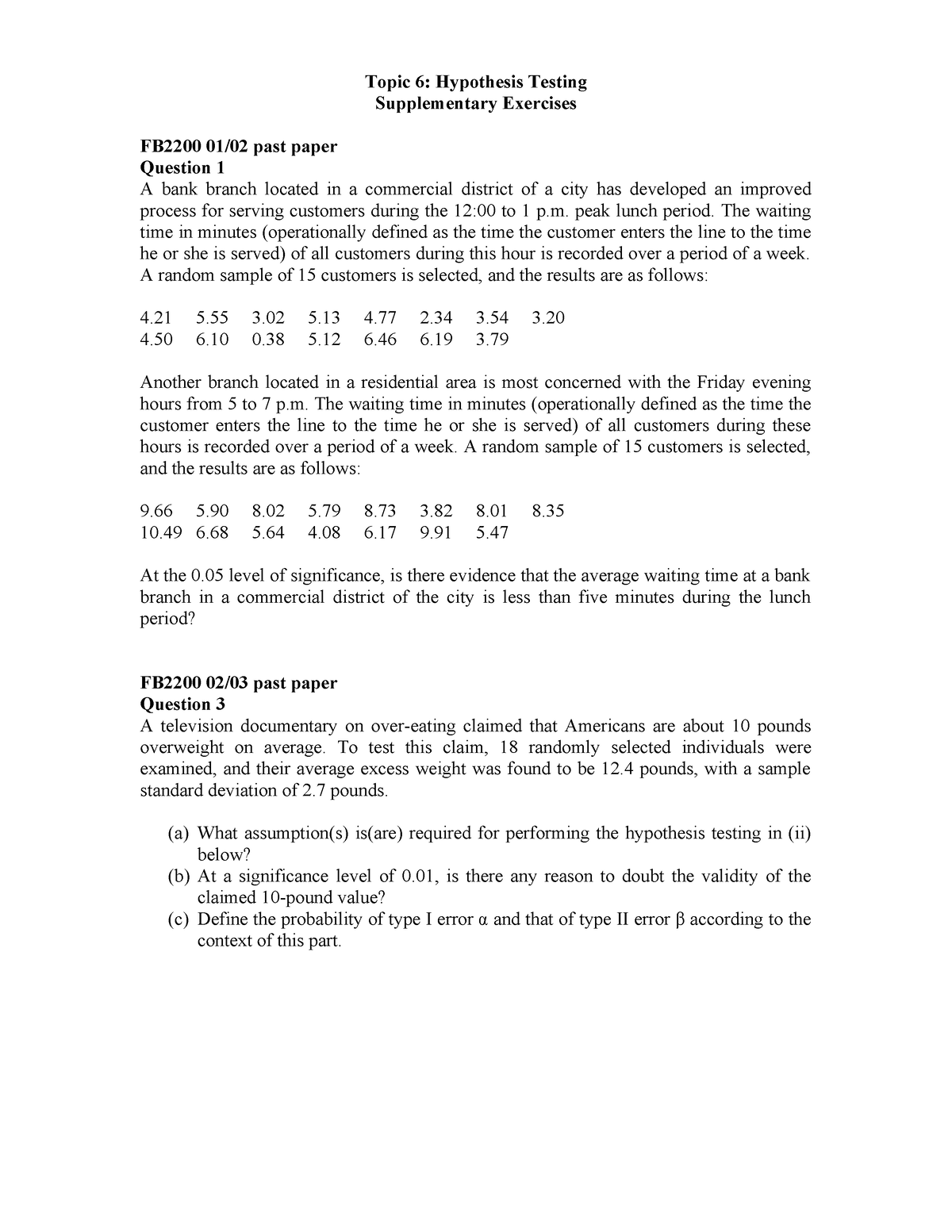 past paper hypothesis testing