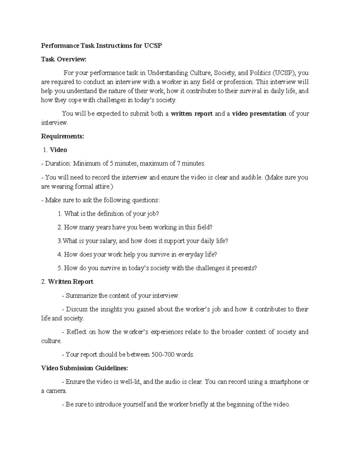 Performance Task Instructions for UCSP - This interview will help you ...