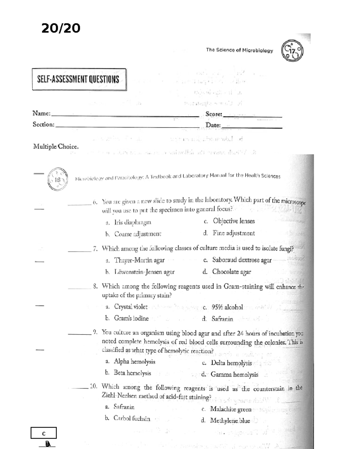 17-18 ( Science OF Microbiology) - Bs Nursing - 20/ CA D D C B B C B D ...