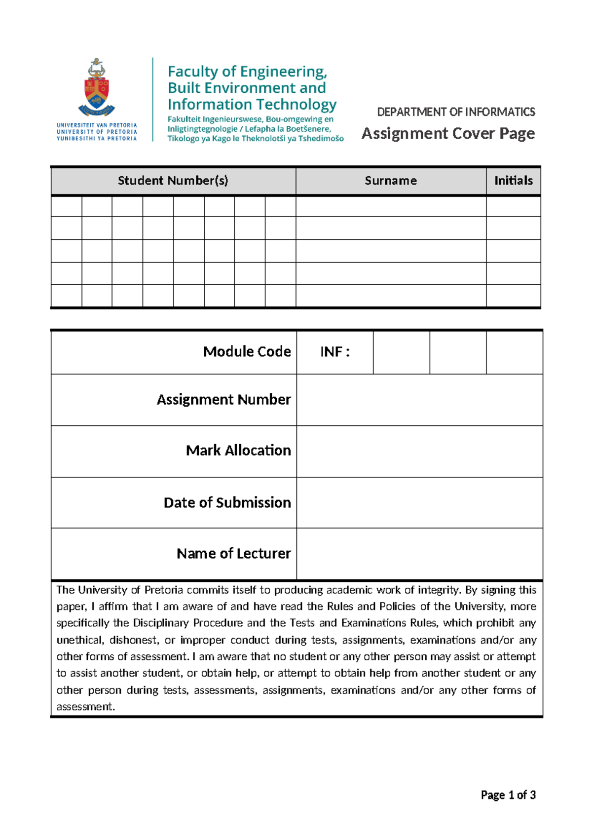 Group Cover Page - DEPARTMENT OF INFORMATICS Assignment Cover Page ...