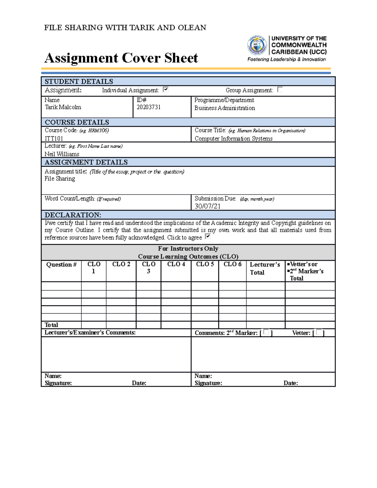 File Sharing-Tarik Malcolm - Assignment Cover Sheet STUDENT DETAILS ...