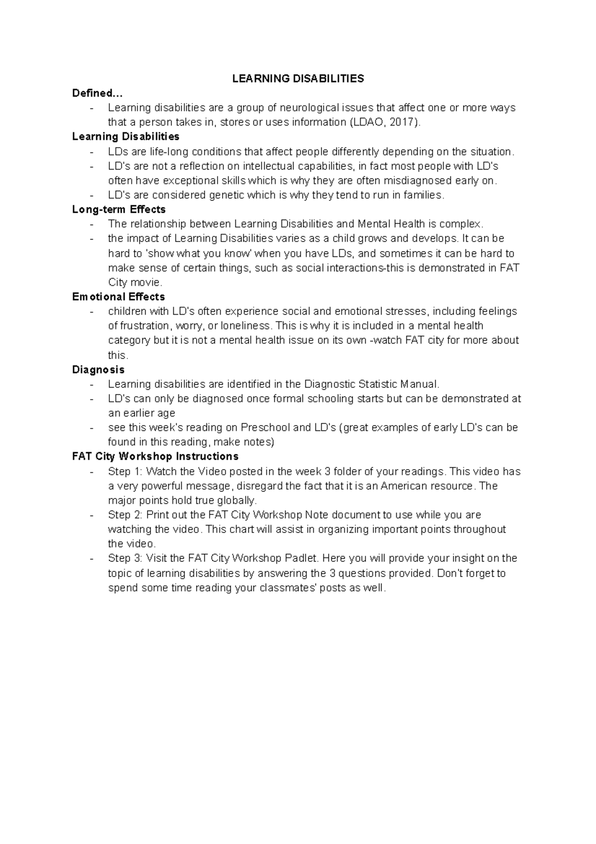 Week three - NOTES - LEARNING DISABILITIES Defined... - Learning ...