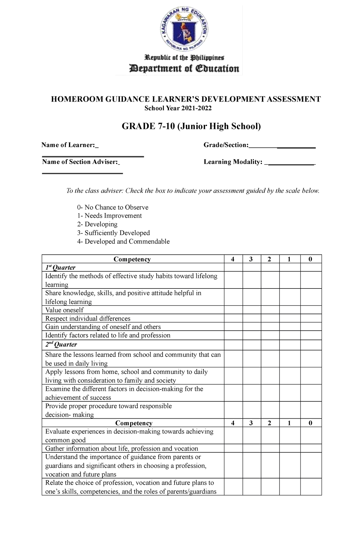 Homeroom Guidance Learners Development Assessment Grades 7 10 110546 Homeroom Guidance 1382