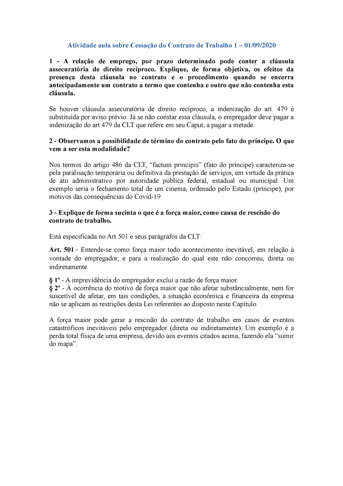 Atividade Aula Sobre Cessação Do Contrato De Trabalho 1 Explique De Forma Objetiva Os 8598