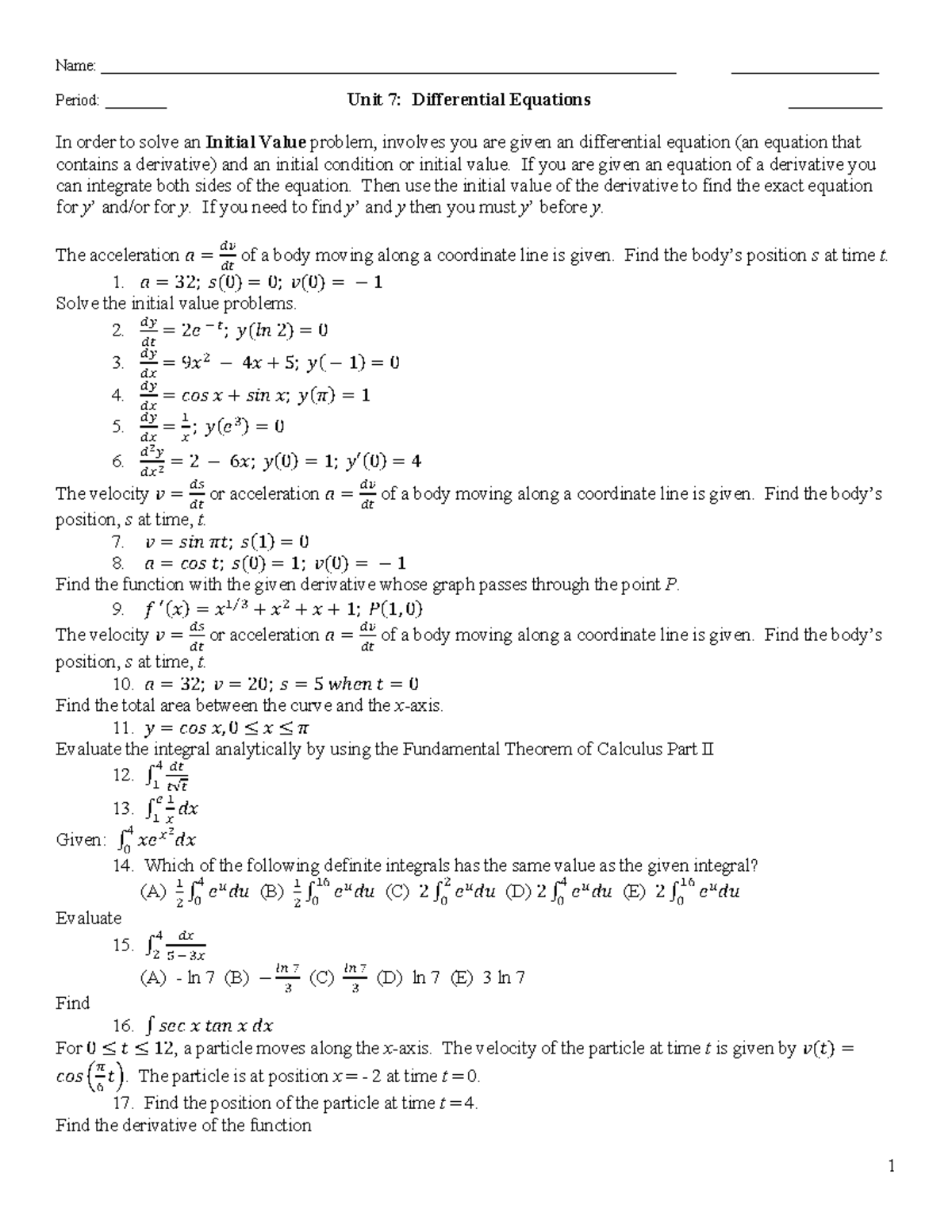 AP Calculus BC Unit 7 Practice Name Studocu