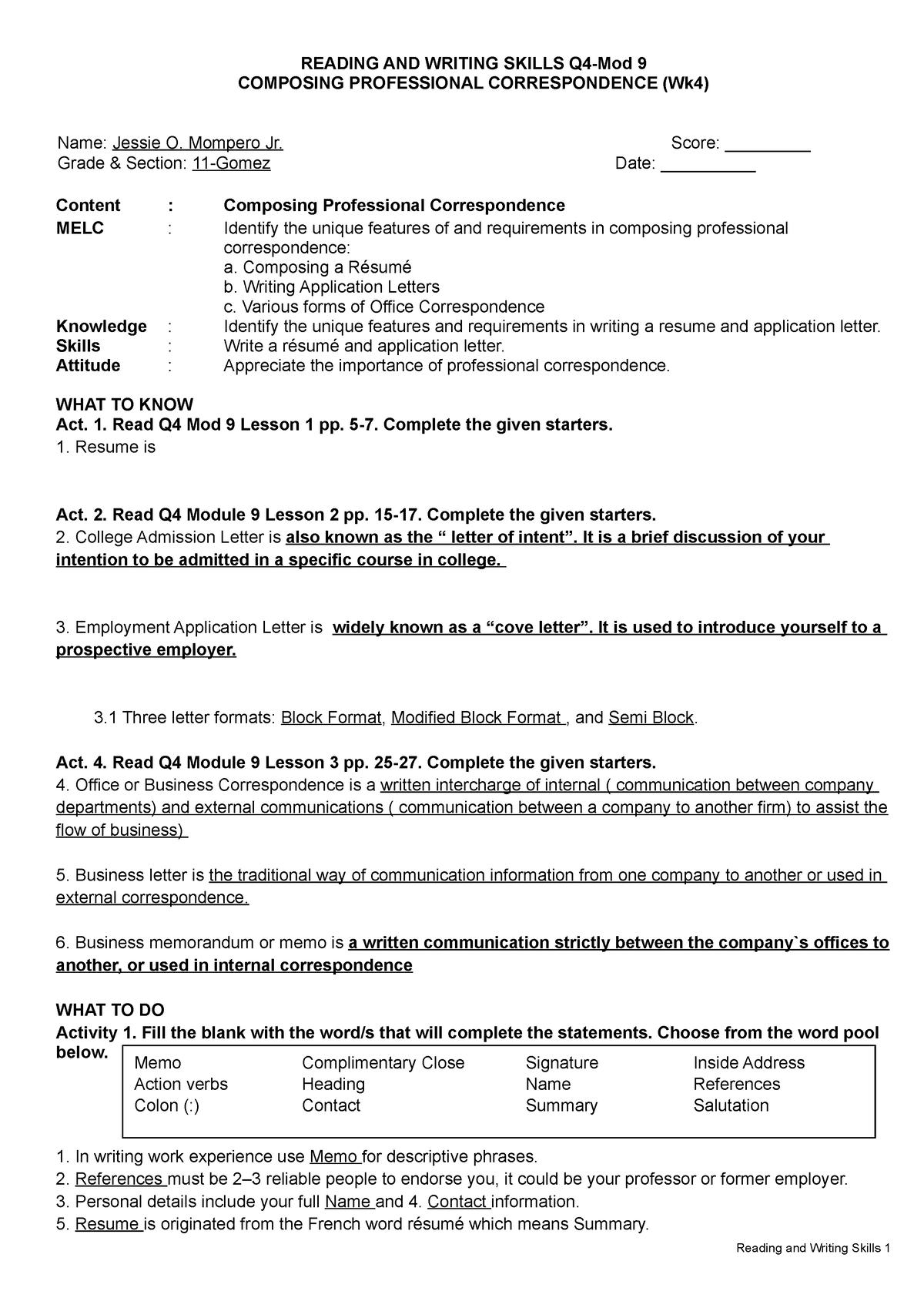 - RWS Q4 LAS Mod9 Professional Writing (wk4) - READING AND WRITING ...