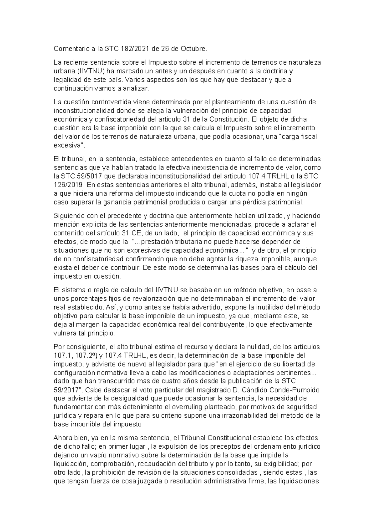 Comentario STC plusvalia - Comentario a la STC 182/2021 de 26 de ...