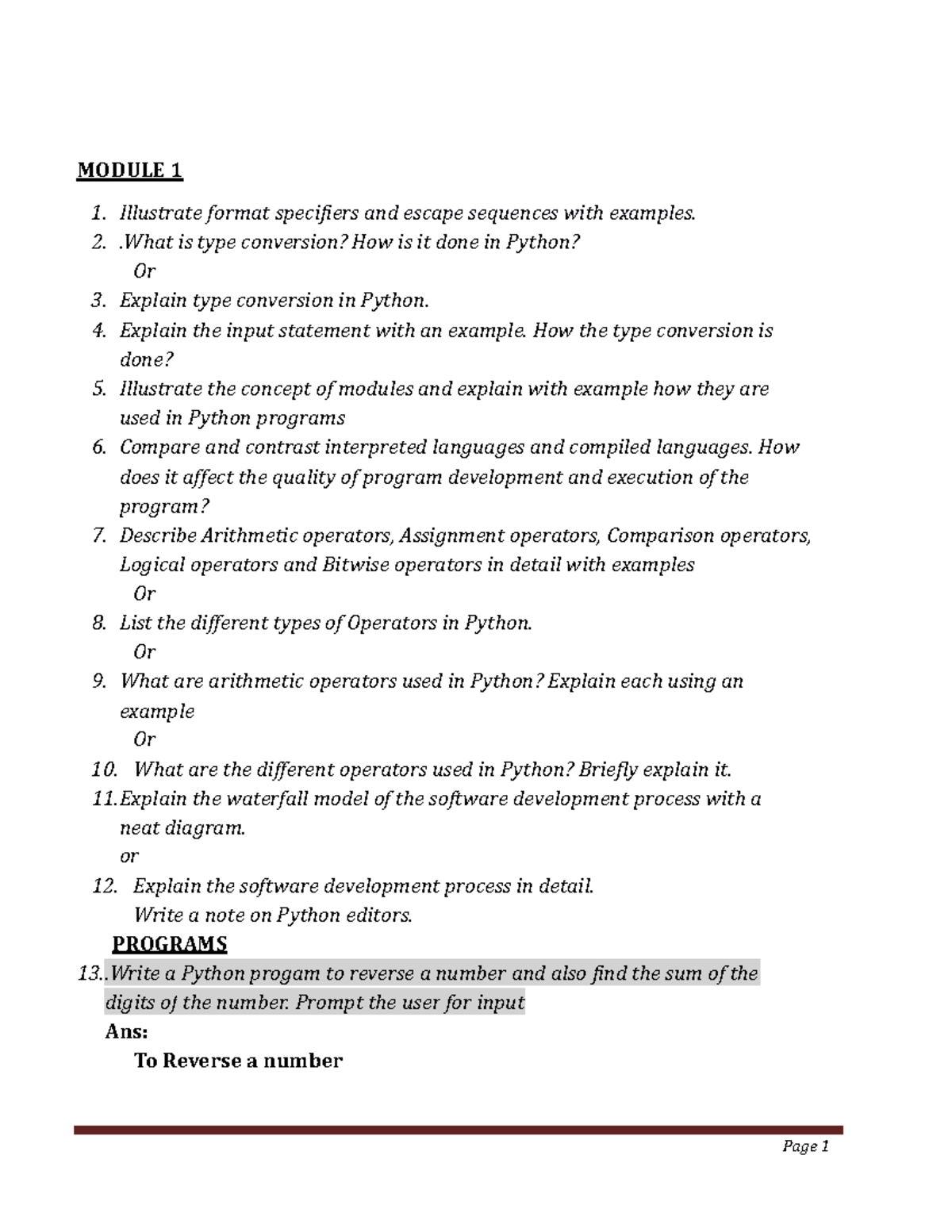 QUESTION BANK FOR PYTHON - Page 1 MODULE 1 Illustrate format specifiers ...