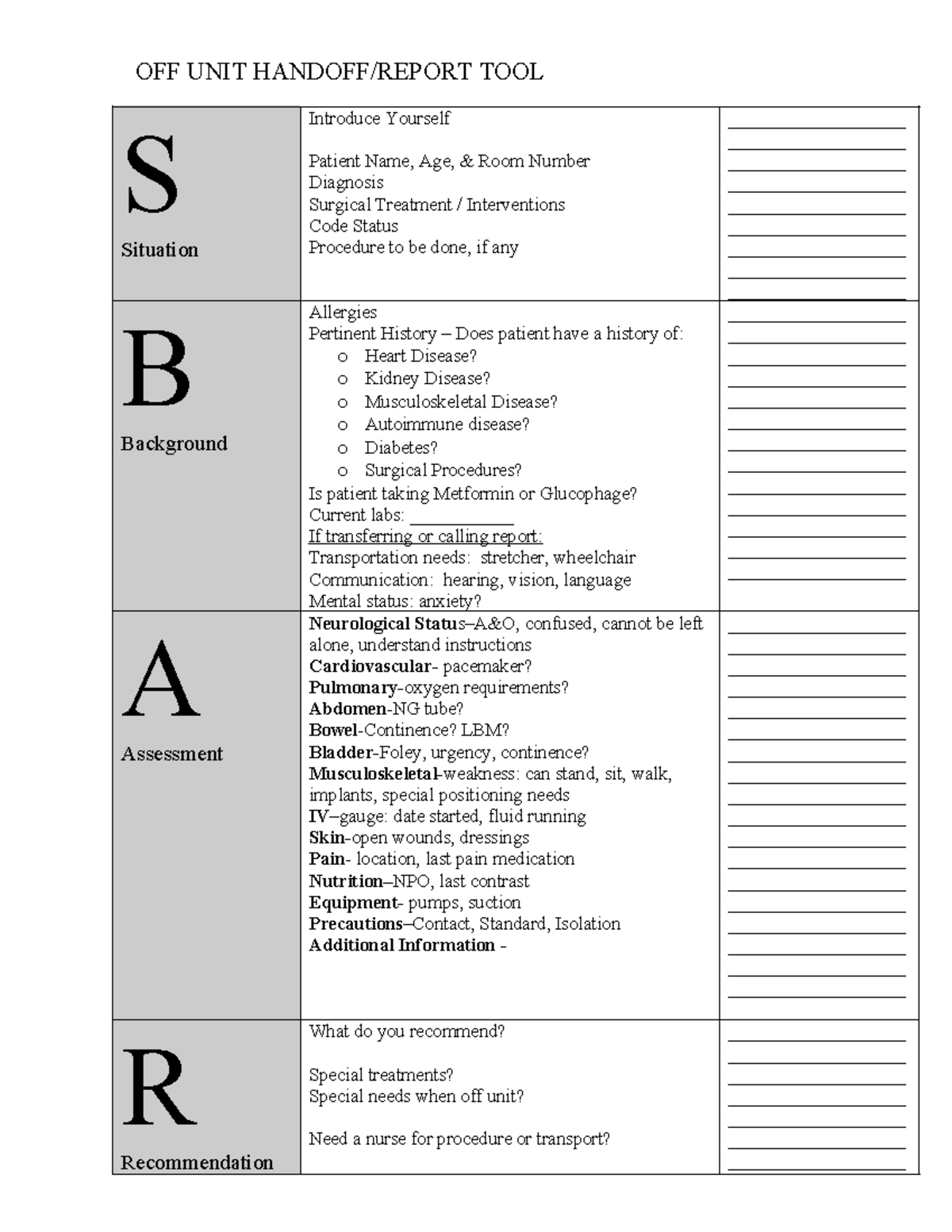 SBAR Student tool - SBAR - OFF UNIT HANDOFF/REPORT TOOL S Situation ...