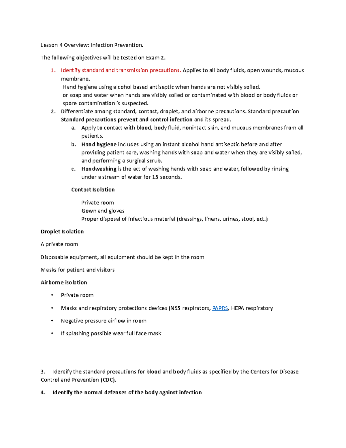 Concepts EXAM 2 Study Guide Lesson 4 Overview Infection Prevention