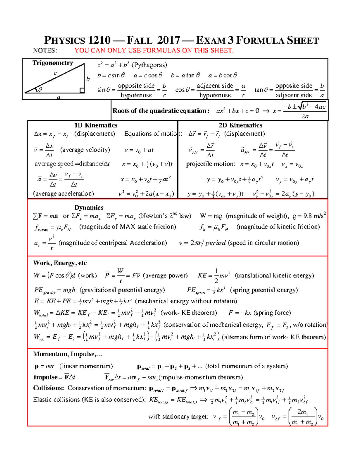 Fall2017 Exam3Formula Sheet - PHYSICS 1210 — FALL 2017 — EXAM 3 FORMULA ...