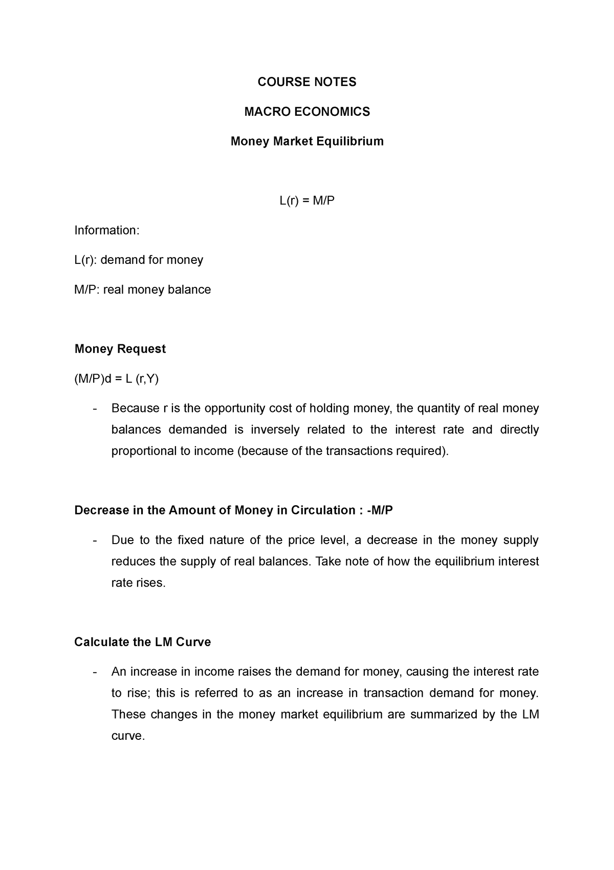 Course Notes Macroeconomics Money Market Equilibrium - COURSE NOTES ...