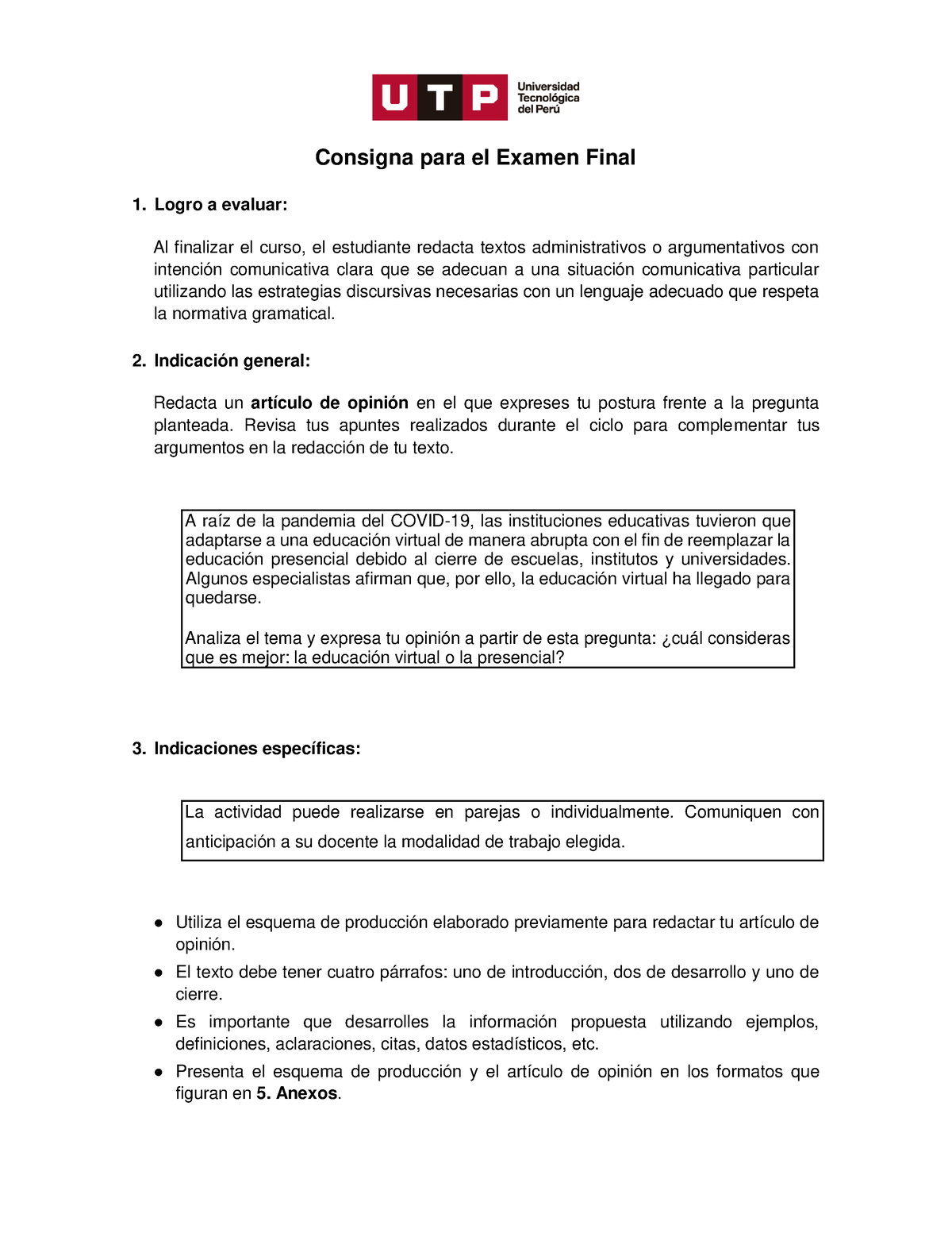 Examen Final- Comprension Y Redaccion De Textos II - Consigna Para El ...