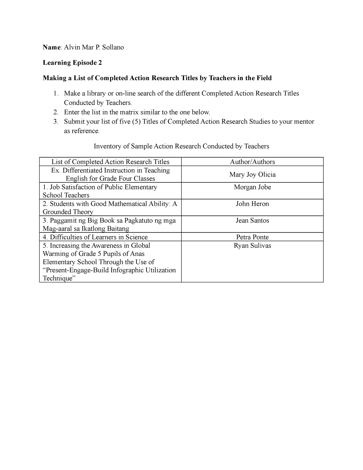 list of completed action research titles with authors in elementary