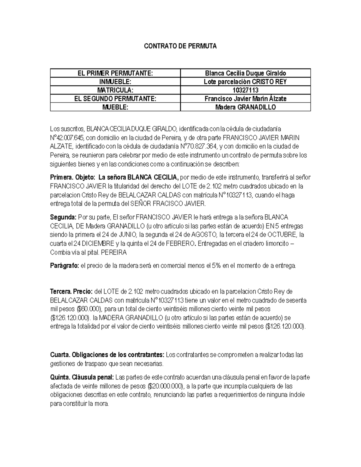 Contrato DE Permuta Correcion - CONTRATO DE PERMUTA EL PRIMER ...