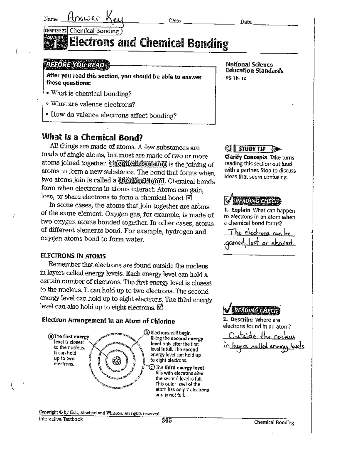 chemical bonding and reactions close reading assignment answer key