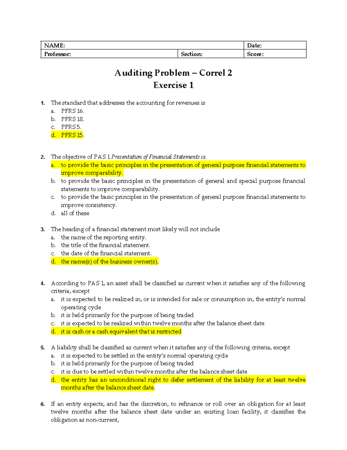 Toaz - ..... - NAME: Date: Professor: Section: Score: Auditing Problem ...