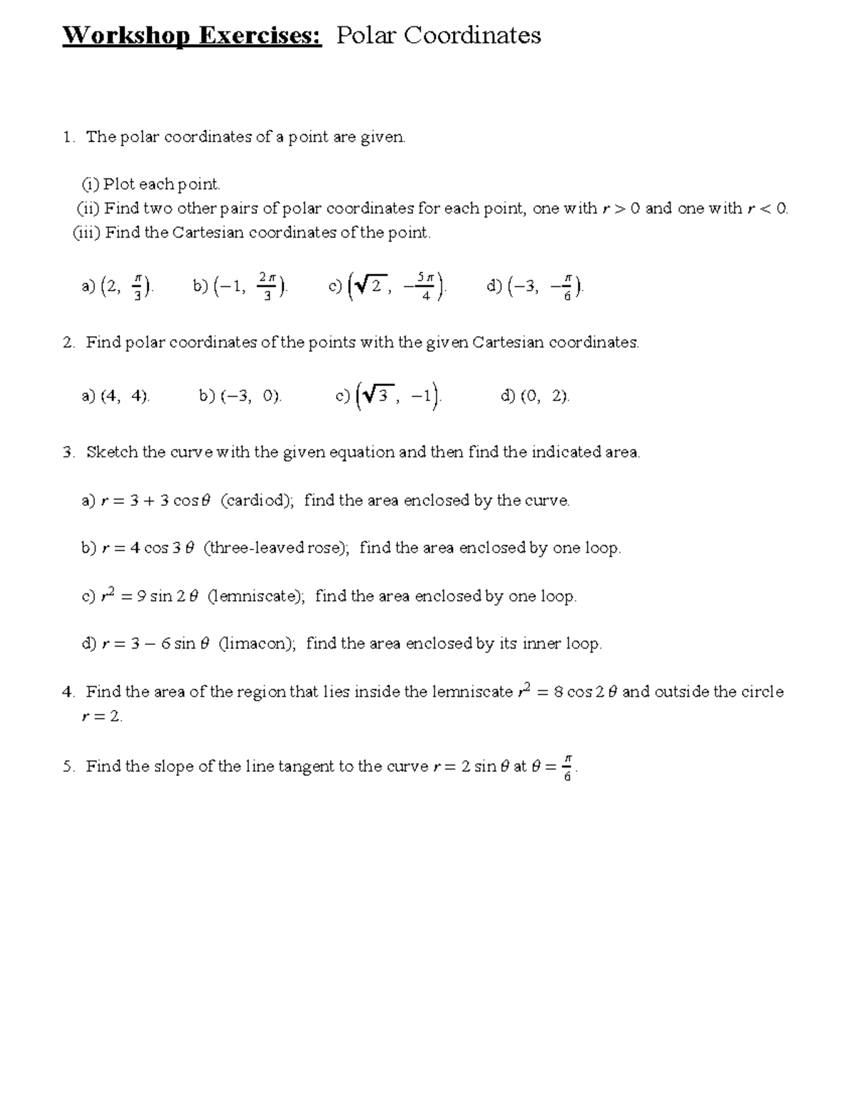Polar Coordinates Exercises 2018 Exercises Polar
