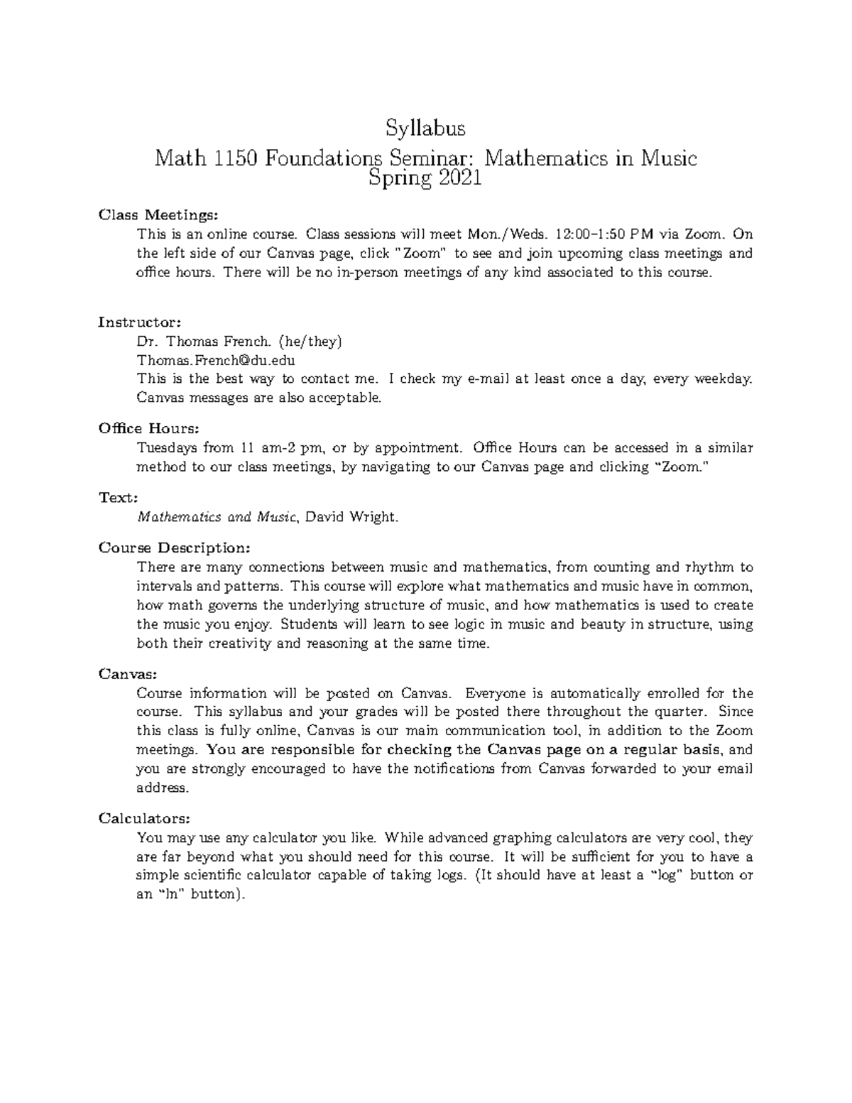 1150Syllabus - Syllabus Math 1150 Foundations Seminar: Mathematics in ...