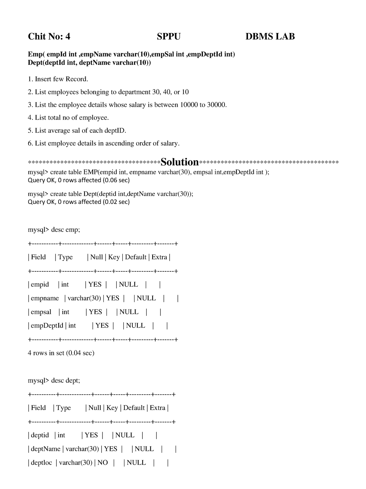 DBMS Chit No 4 Solution - Data Shit - Chit No: 4 SPPU DBMS LAB Emp ...