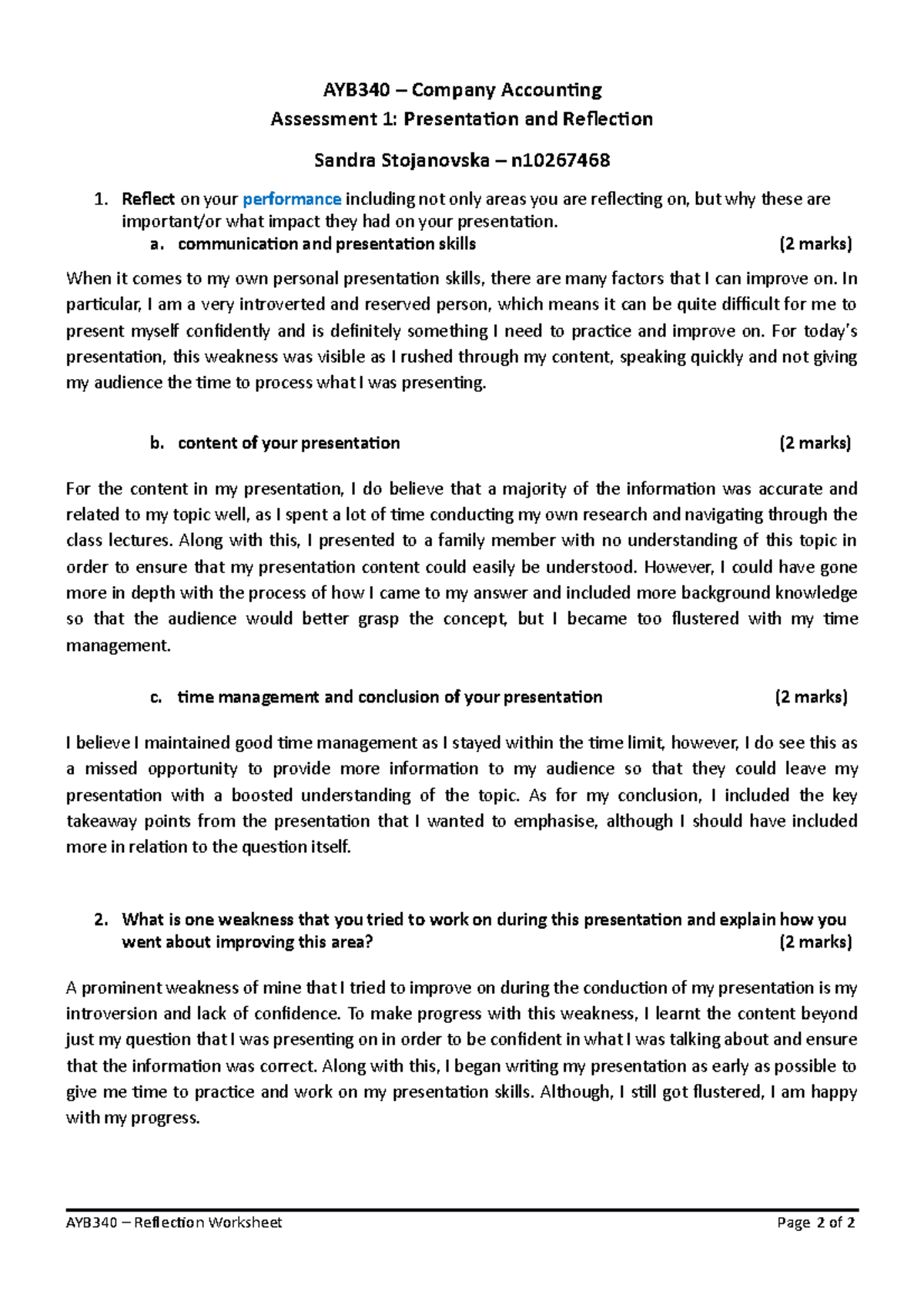 AYB340 Reflection Worksheet - AYB340 – Company Accounting Assessment 1 ...