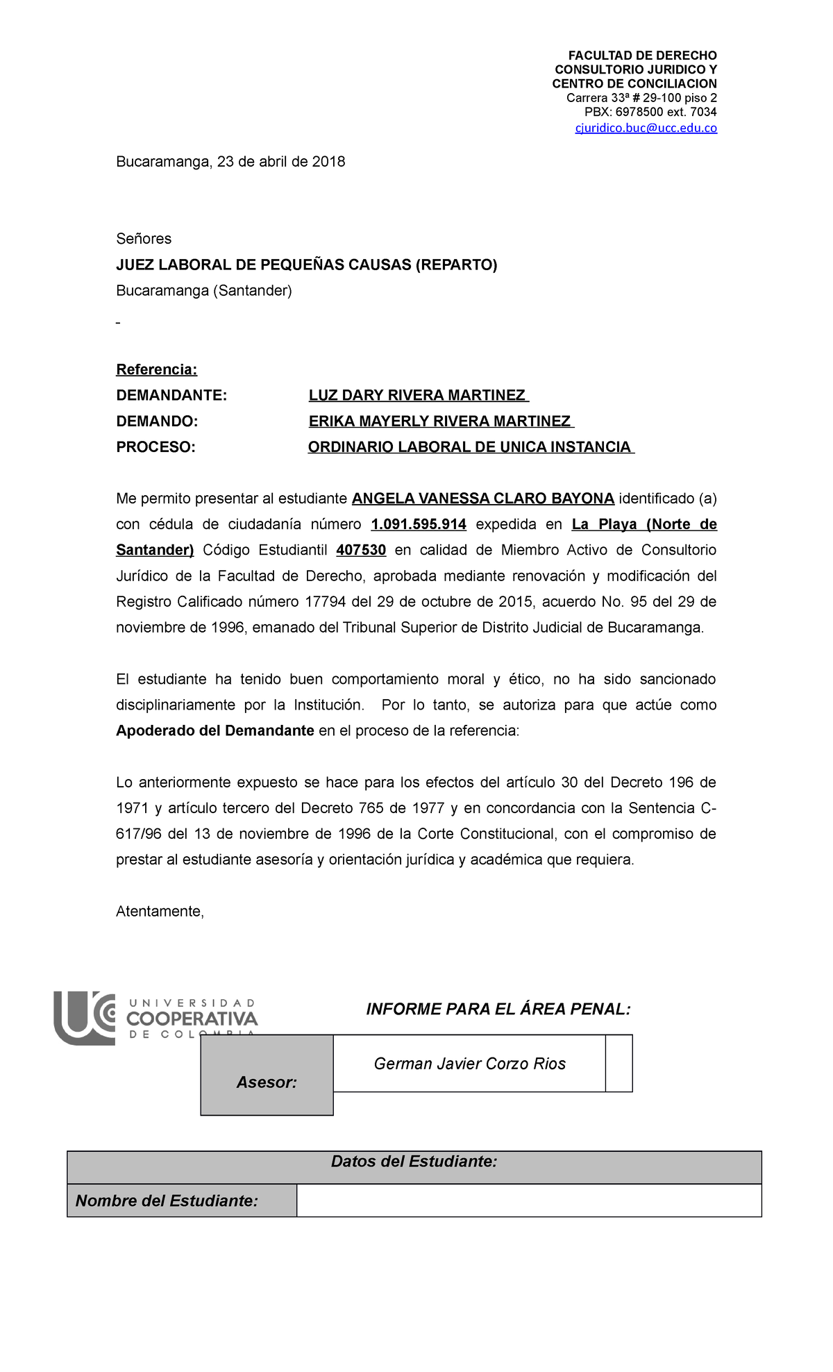 Informe Penal - CONSULTORIO JURIDICO Y CENTRO DE CONCILIACION Carrera ...