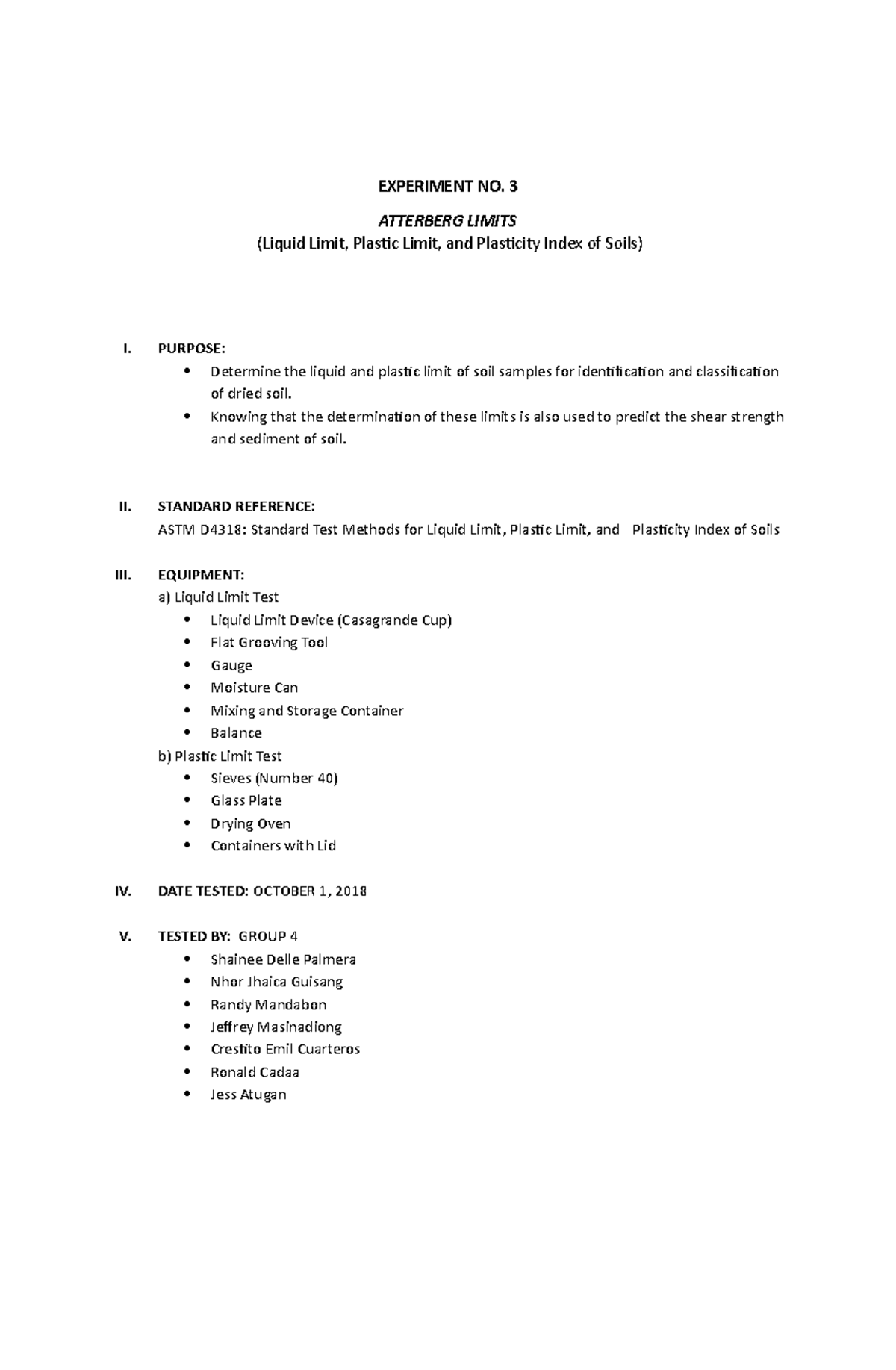 Atterberg - Lecture notes 1 - EXPERIMENT NO. 3 ATTERBERG LIMITS (Liquid ...