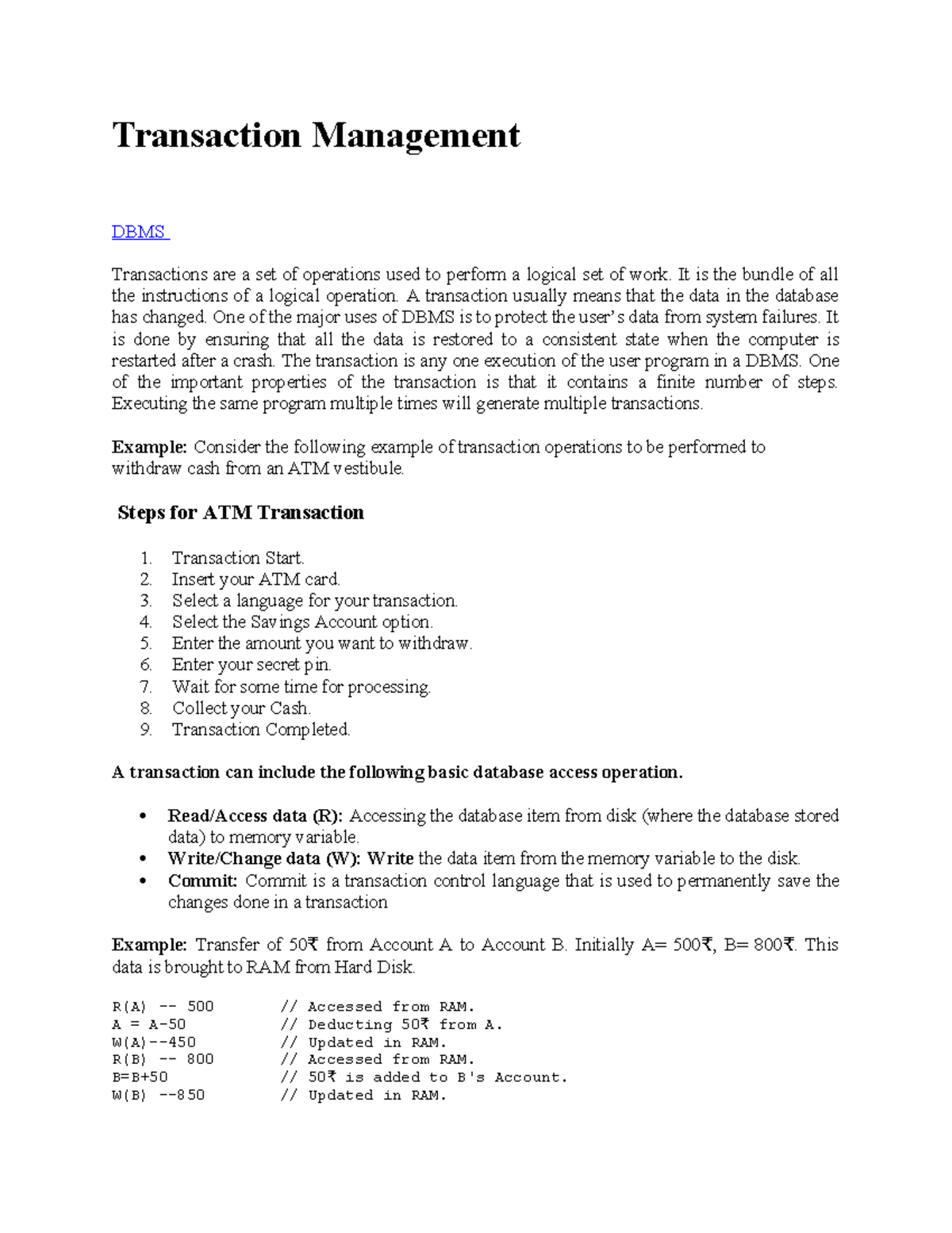 Transaction Management - Transaction Management DBMS Transactions are a ...